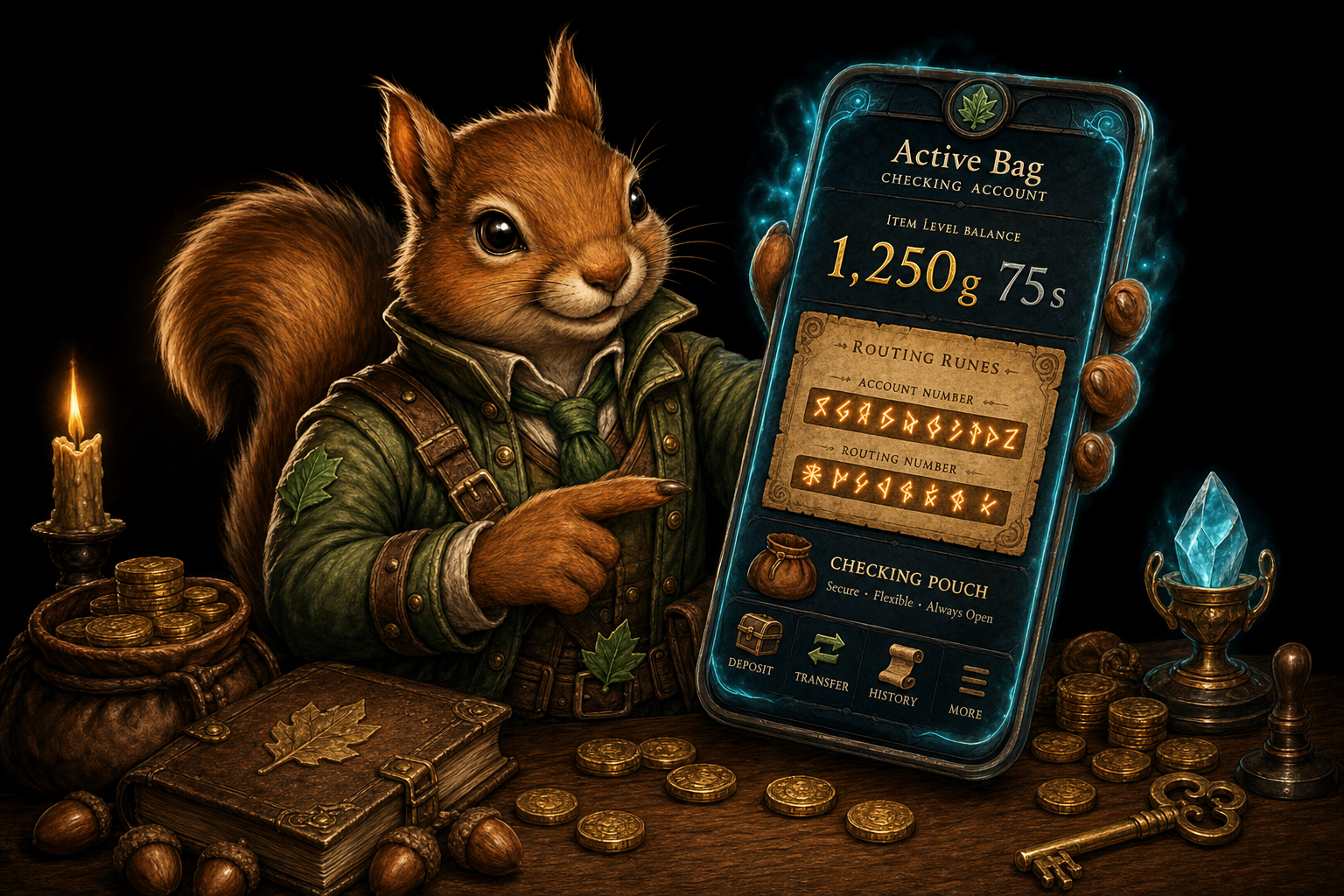 Tavern squirrel mascot showing Active Bag checking dashboard with gold inventory and routing runes on a magical phone screen.