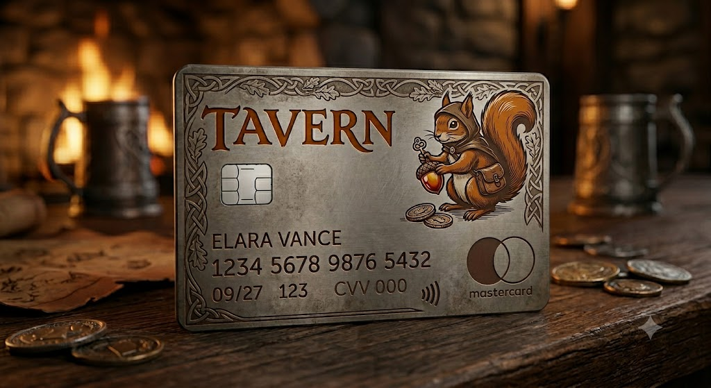 Premium stainless-steel Tavern metal Mastercard engraved with the Tavern crest and squirrel mascot, resting on a tavern table beside gold coins and pewter mugs by firelight.