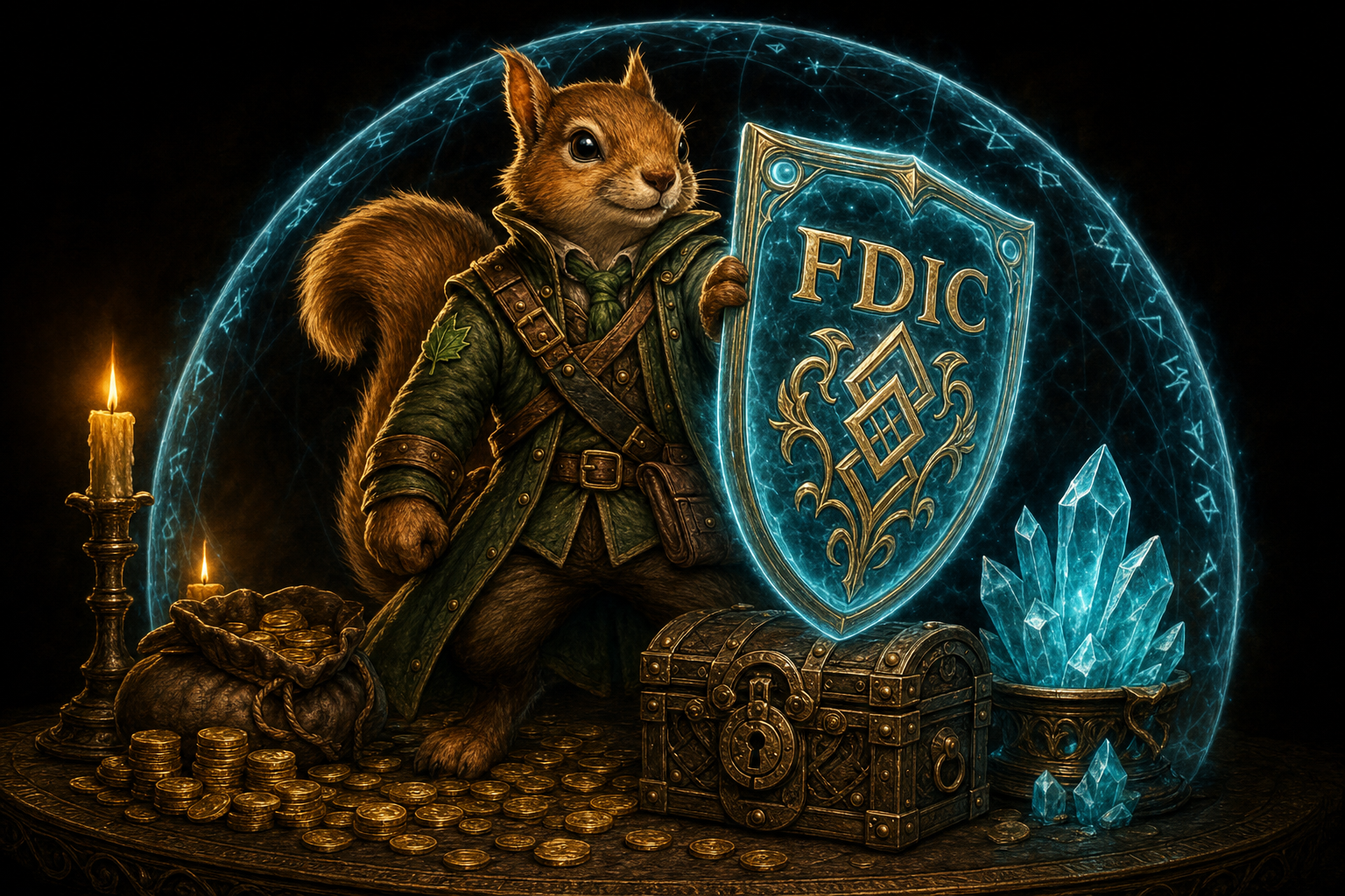 Tavern squirrel mascot guardian raising a glowing FDIC ward shield over a locked strongbox, gold hoard, and cyan crystal inside a dome of protective runes.