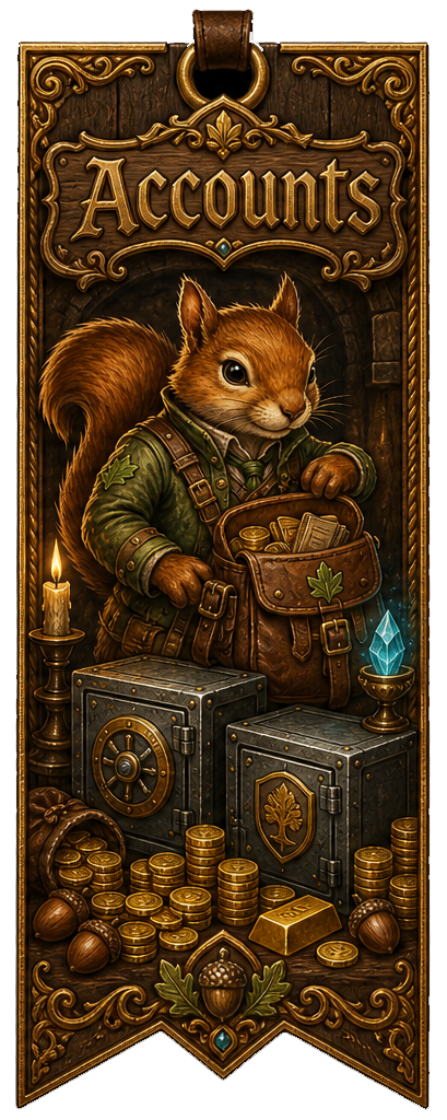 Ornate quest bookmark showing Tavern squirrel mascot with Active Bag pouch and vault strongboxes.