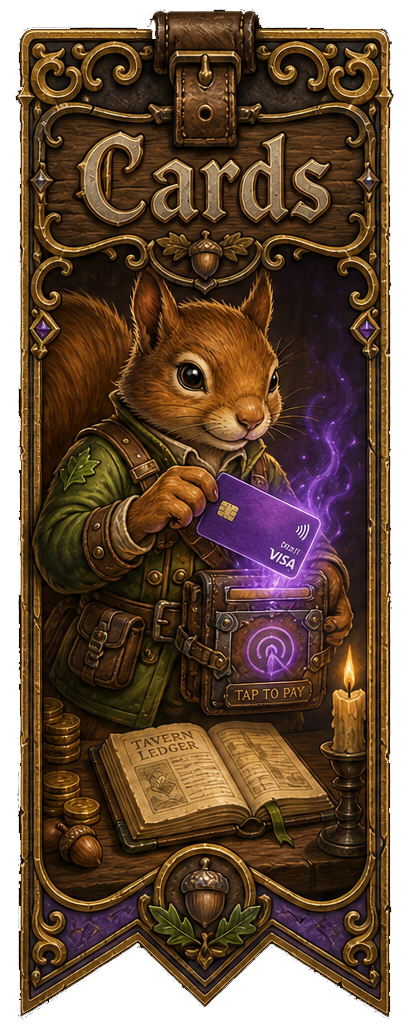 Ornate quest bookmark showing Tavern squirrel mascot equipping a glowing fantasy debit card.