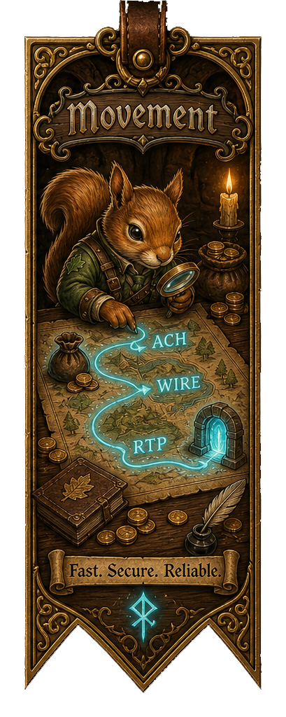 Ornate quest bookmark showing Tavern squirrel mascot tracing glowing ACH and wire payment rails on a quest map.