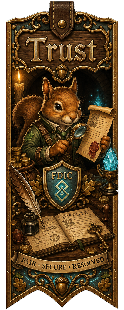 Ornate quest bookmark showing Tavern squirrel mascot reviewing identity scrolls with FDIC shield and dispute ledger.